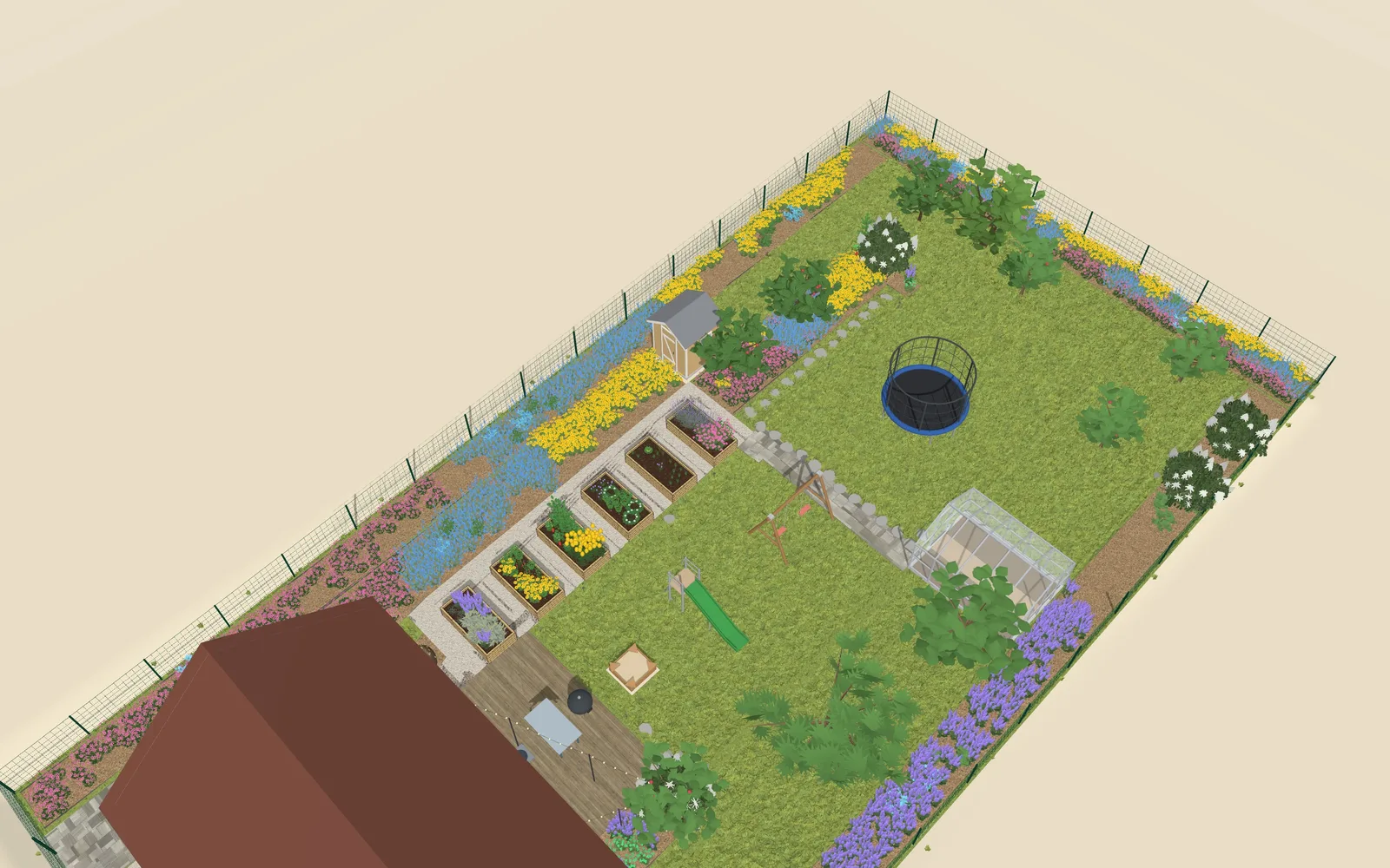 6 raised beds, a greenhouse, and a play area