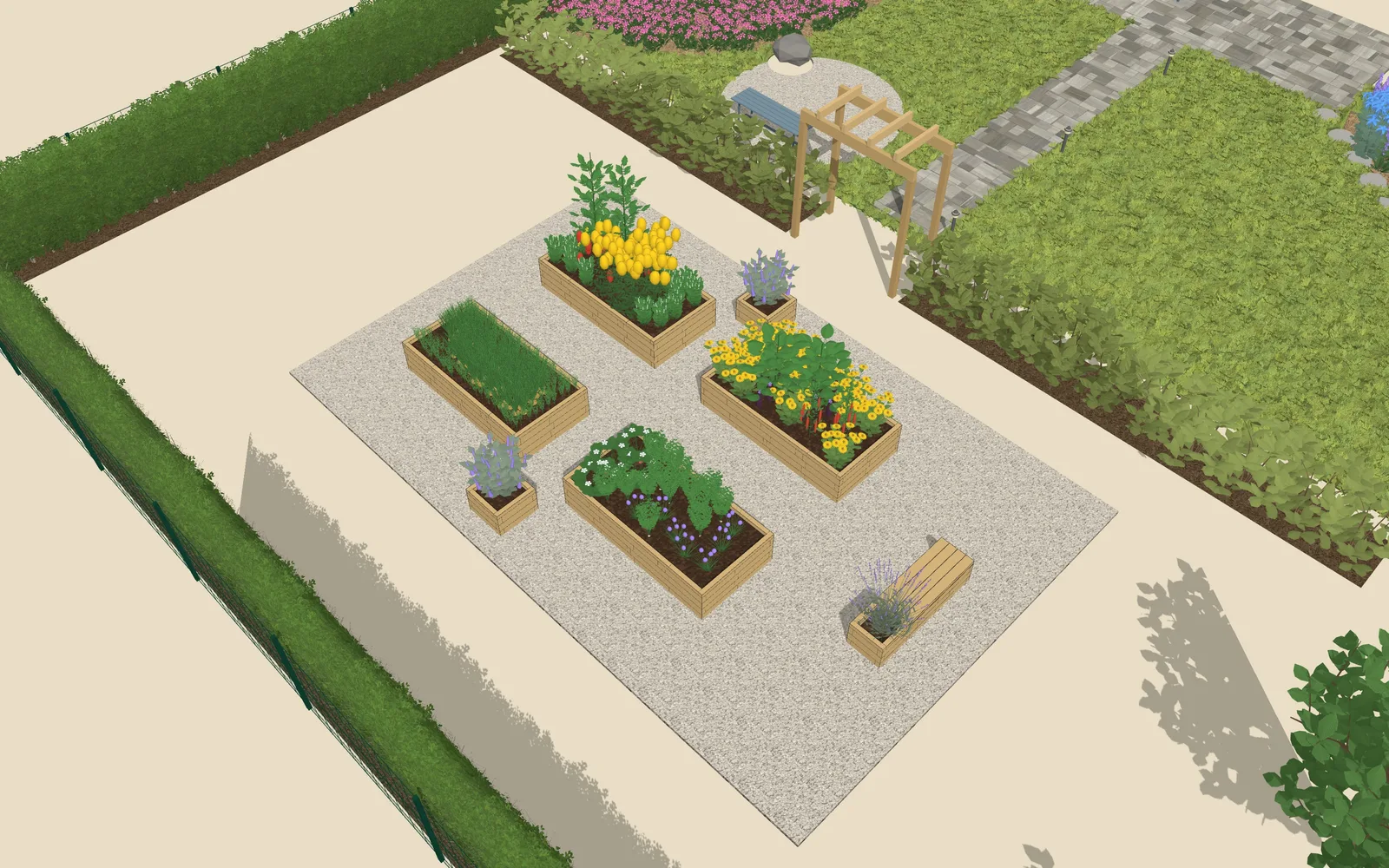3D view of the garden design: 4 raised beds and a pond, outline 7.6 × 5.4 m