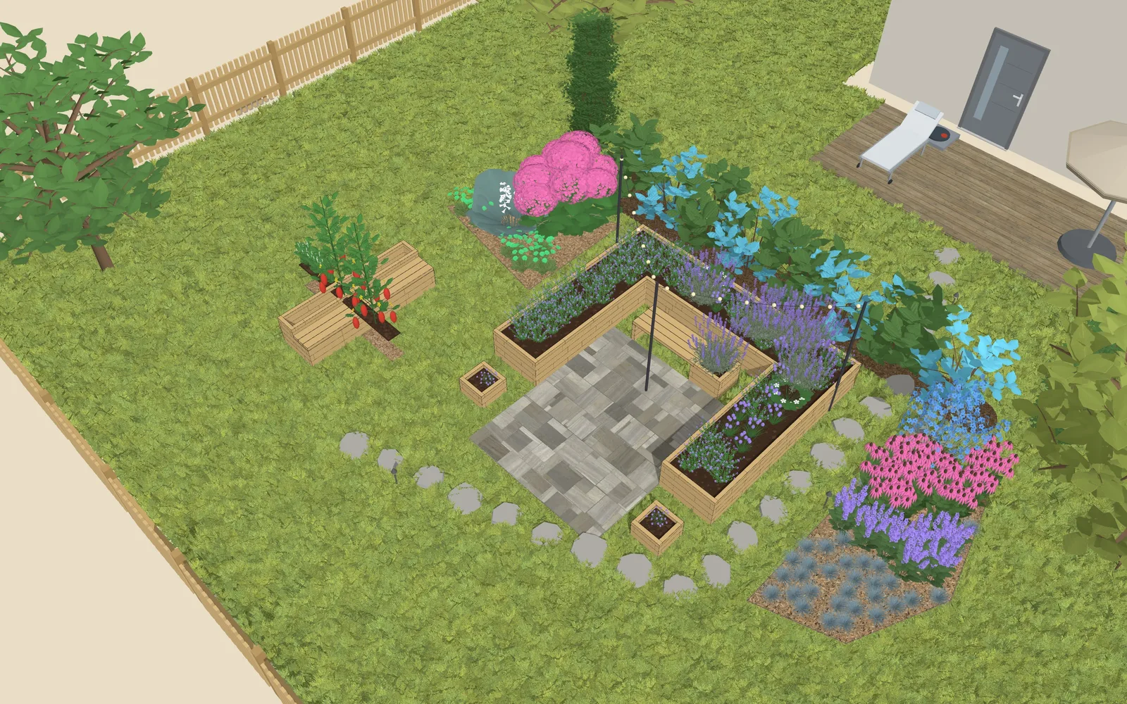 3D view of the garden design: 2 raised beds and a play area, outline 7.5 × 4.6 m