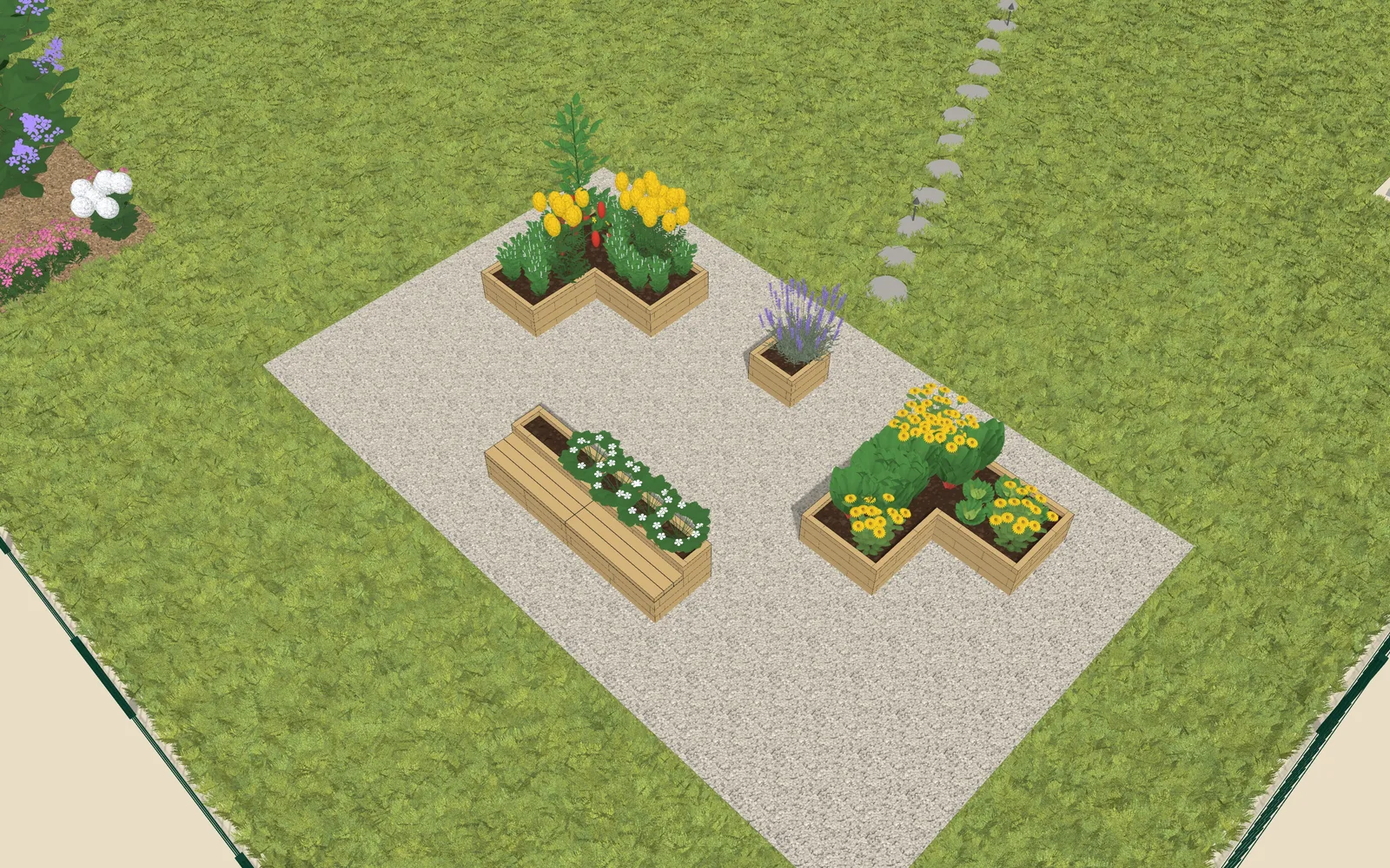 Vue 3D du projet de jardin : 3 potagers surélevés et un coin jeux, contour 6,6 × 3,4 m