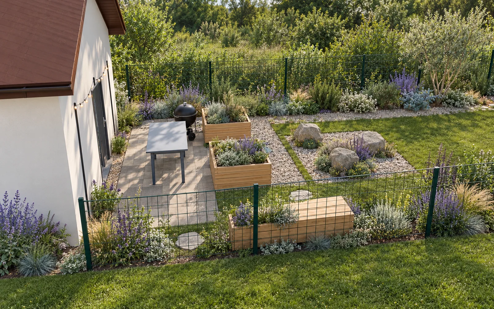 Illustrative AI visualisation of the garden: 2 raised beds