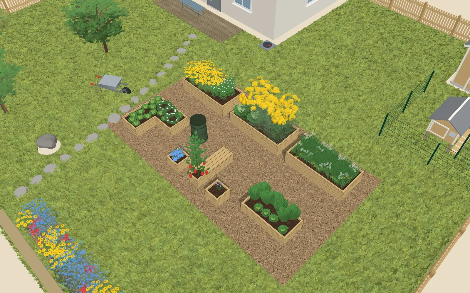 3D view of the garden design: 5 raised beds and a chicken coop, outline 8 × 4.2 m