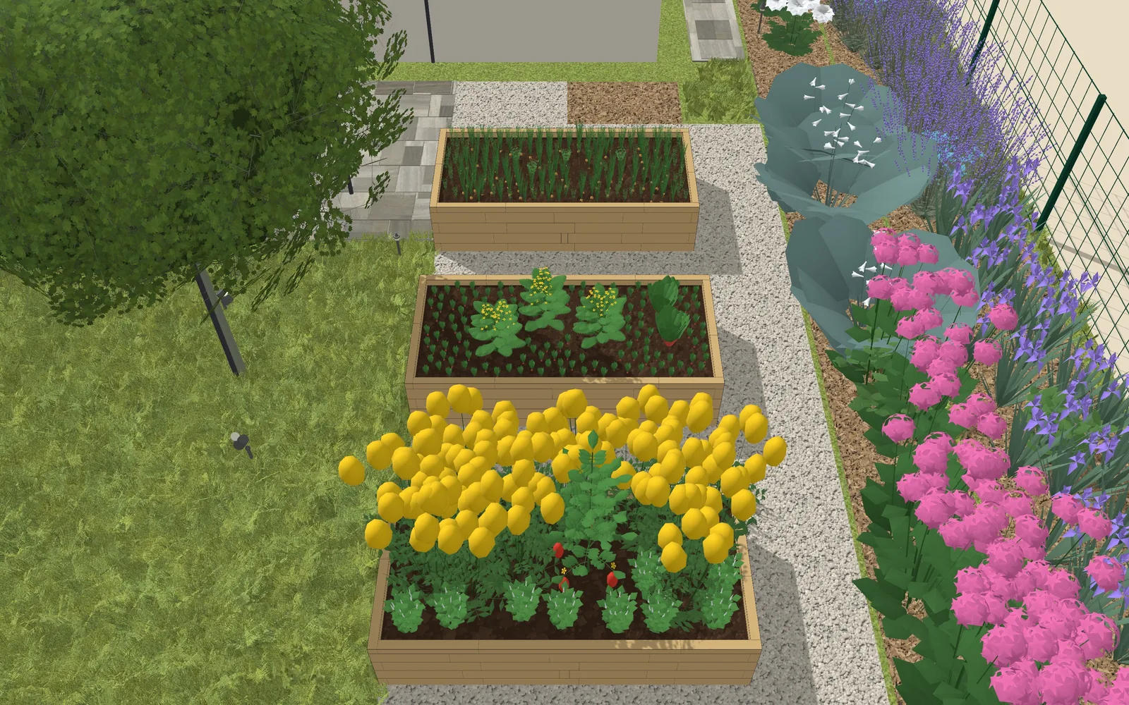 3D view of the garden design: 3 raised beds and a greenhouse, outline 5.2 × 2.3 m