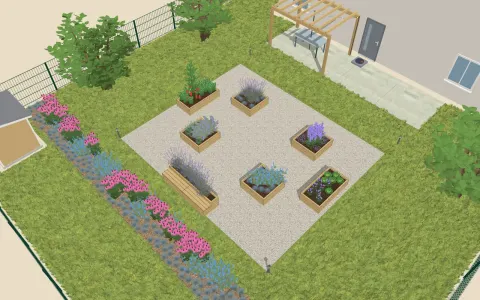 3D view of the garden design: 3 raised beds and a greenhouse, outline 9 × 6.1 m