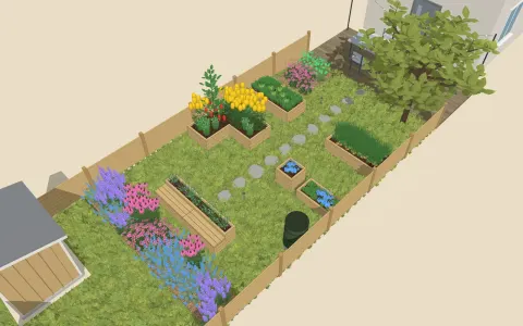 3D view of the garden design: 5 raised beds, outline 5.6 × 5.1 m