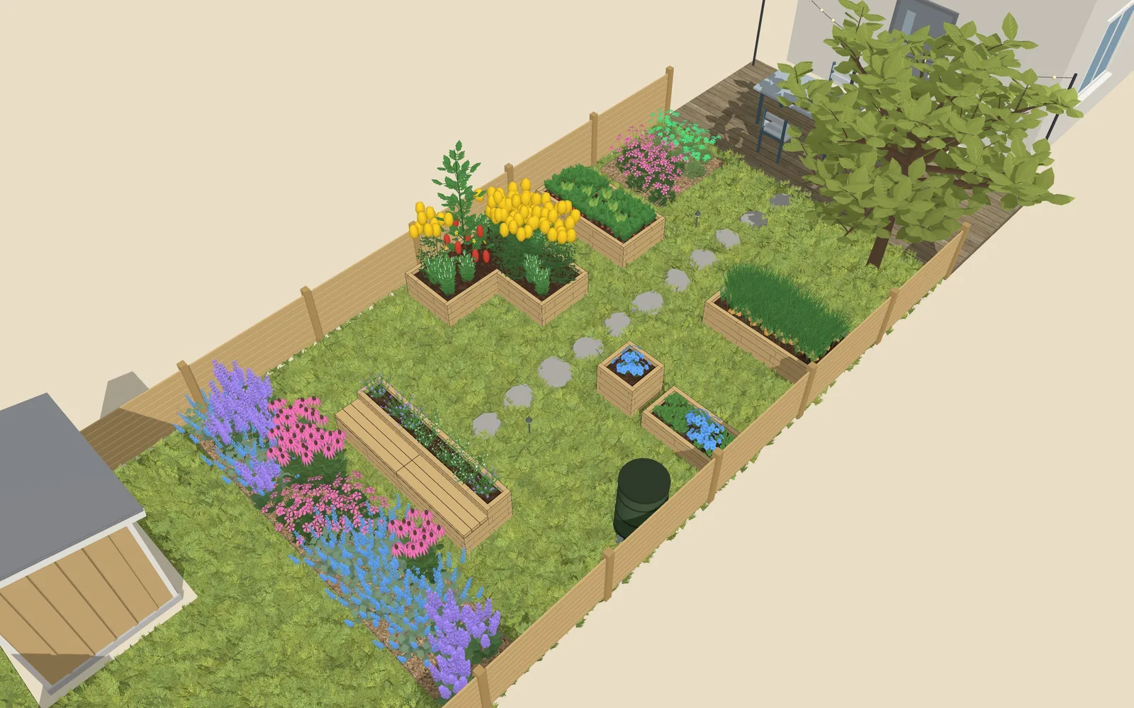 3D view of the garden design: 5 raised beds, outline 5.6 × 5.1 m