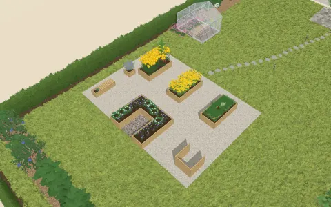 3D view of the garden design: 4 raised beds, a greenhouse, and a play area, outline 9.1 × 6 m