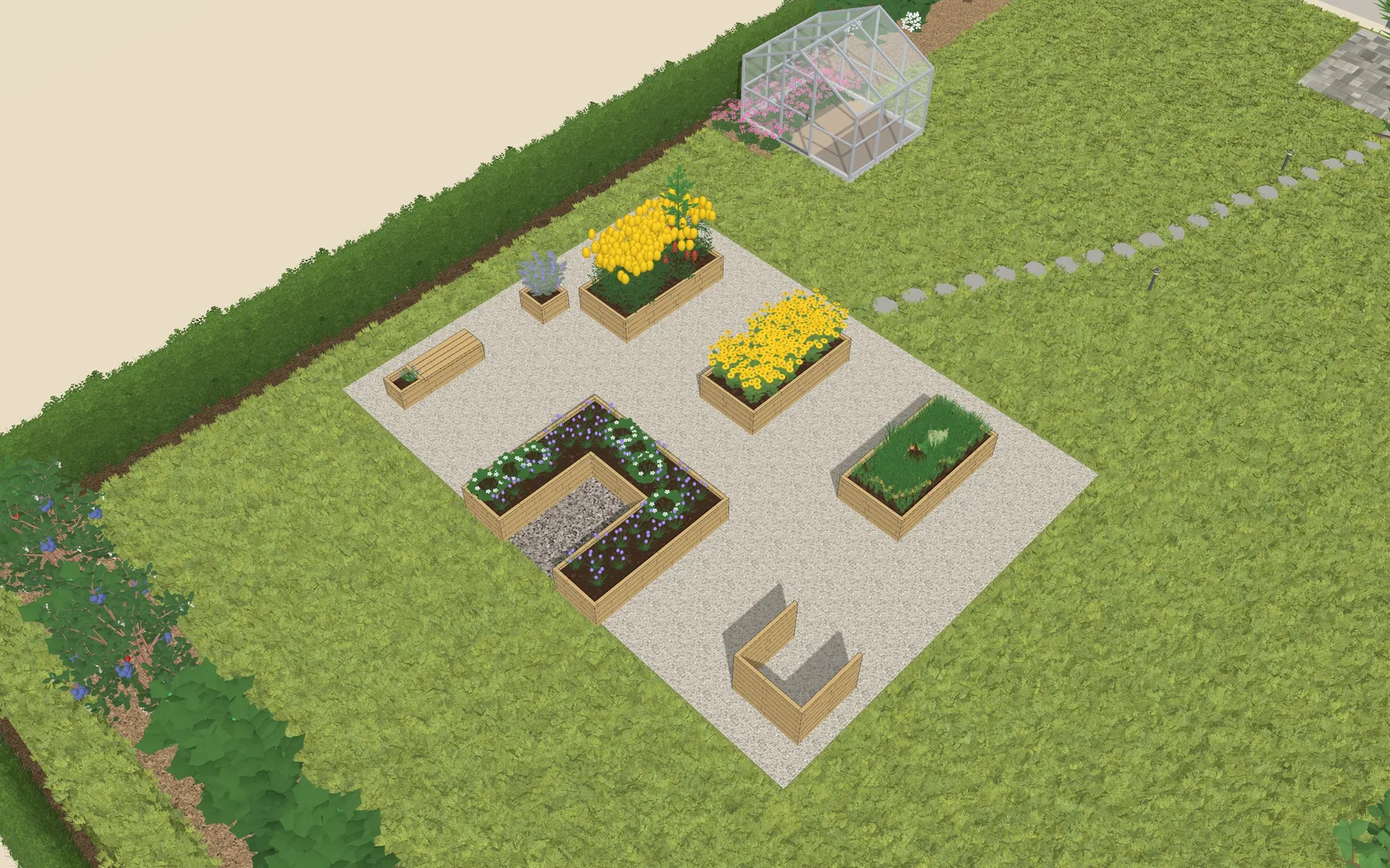 3D view of the garden design: 4 raised beds, a greenhouse, and a play area, outline 9.1 × 6 m
