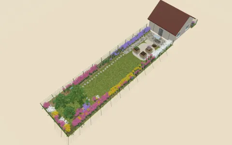3D view of the garden design: 3 raised beds, outline 20.5 × 3.5 m