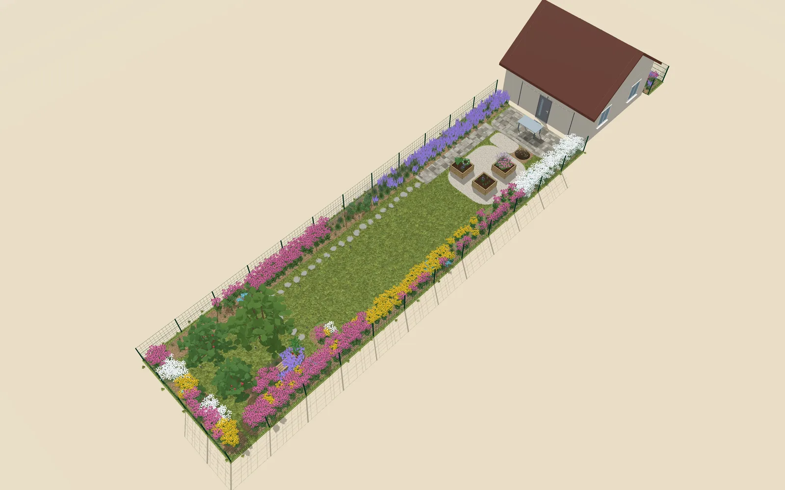 3D view of the garden design: 3 raised beds, outline 20.5 × 3.5 m