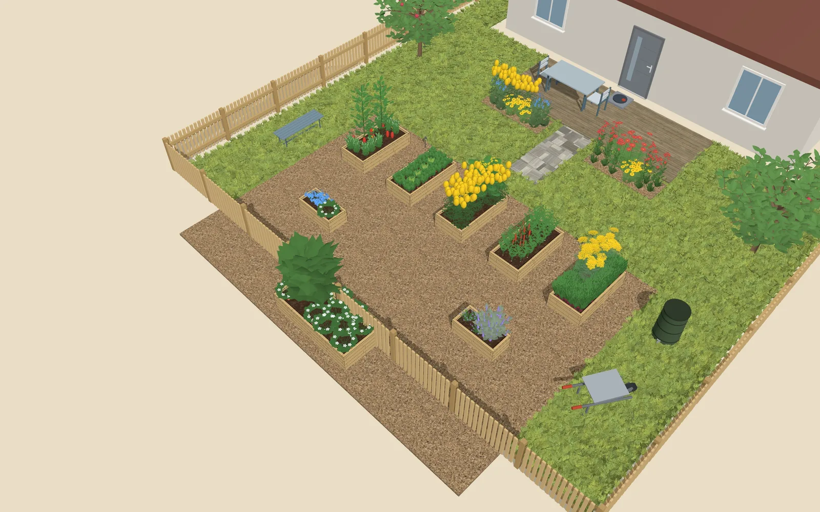 3D view of the garden design: 6 raised beds, outline 8.1 × 6.3 m
