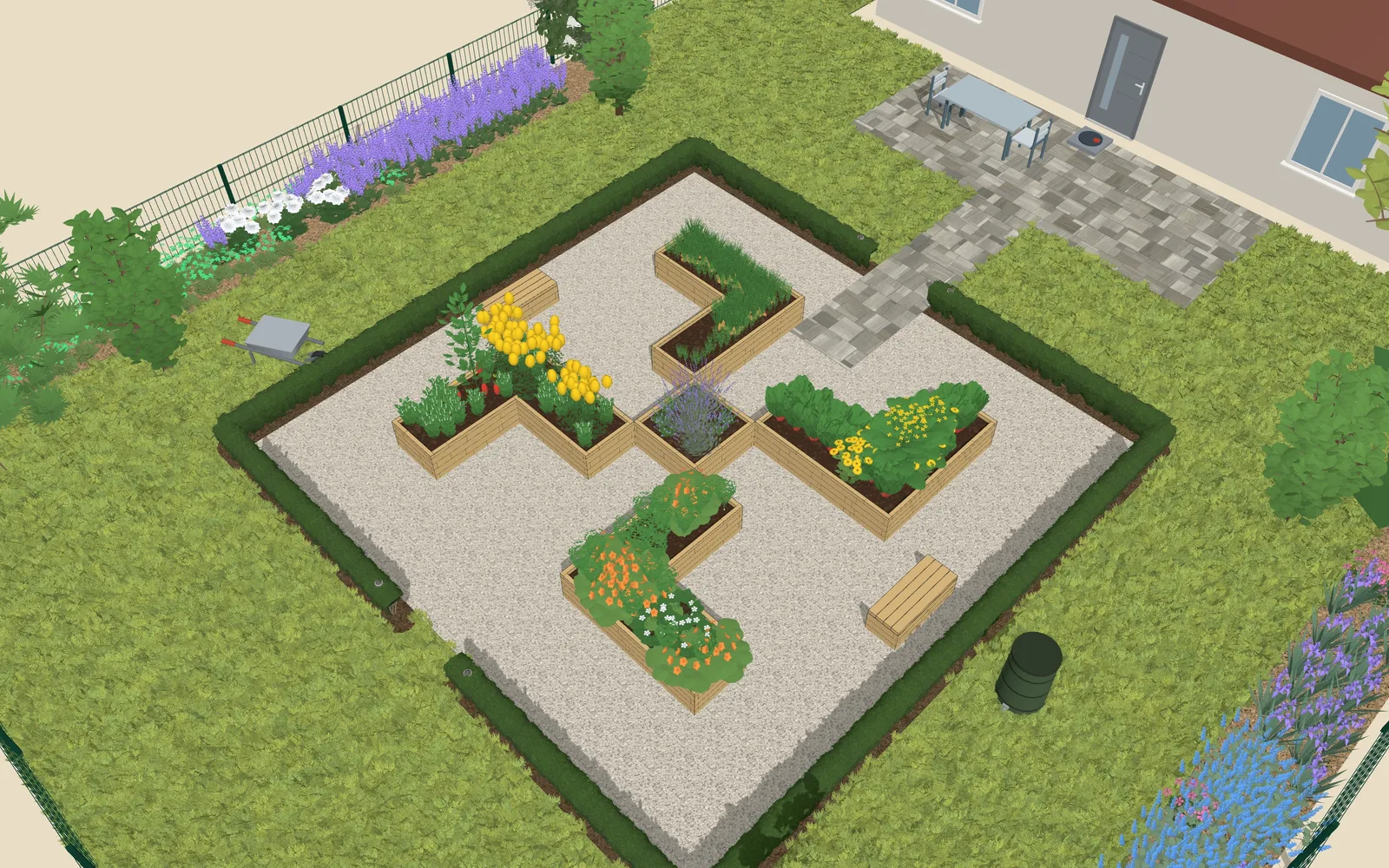 3D view of the garden design: 4 raised beds, outline 8.3 × 6 m