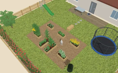 3D view of the garden design: 6 raised beds and a play area, outline 6 × 6 m