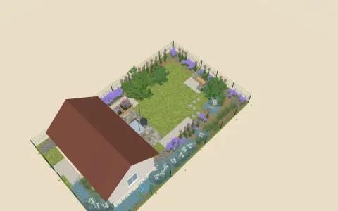 3D view of the garden design: 2 raised beds, outline 11.4 × 7.6 m