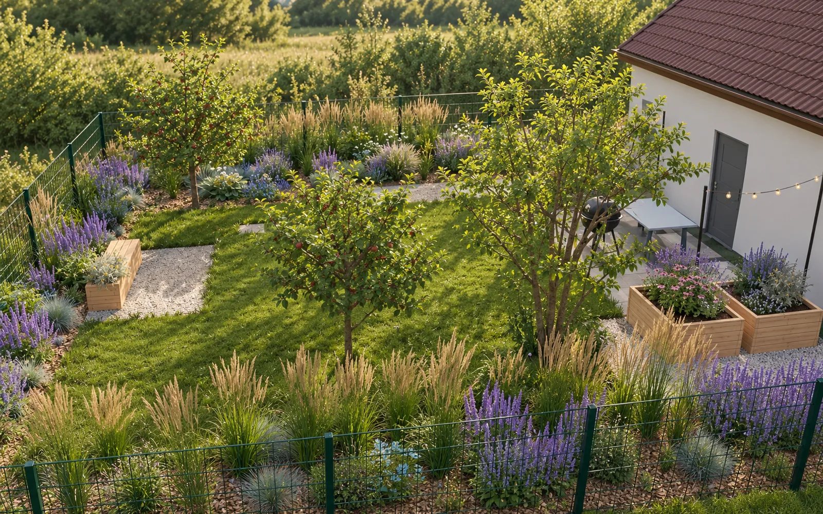 Illustrative AI visualisation of the garden: 2 raised beds