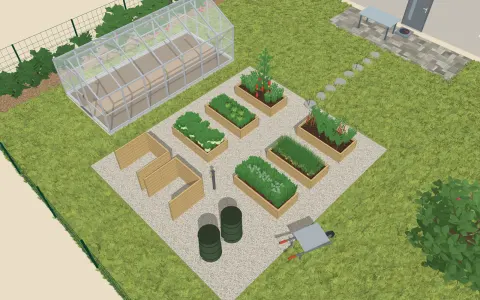 3D view of the garden design: 6 raised beds, a greenhouse, and a compost bin, outline 6.1 × 4.8 m