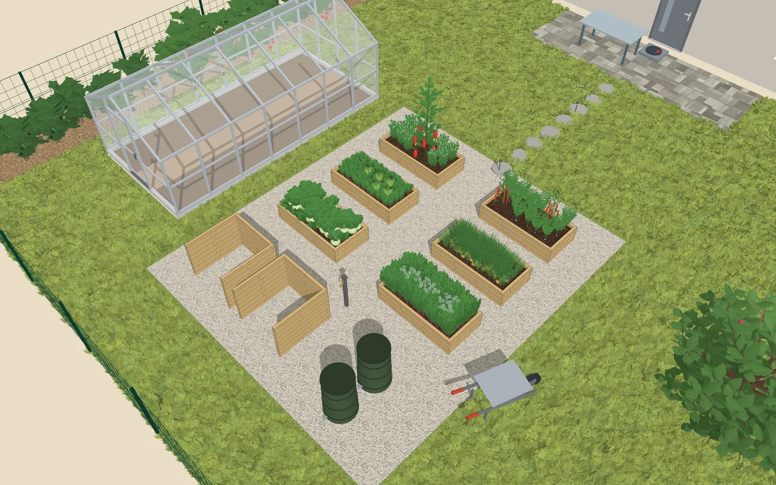 3D view of the garden design: 6 raised beds, a greenhouse, and a compost bin, outline 6.1 × 4.8 m